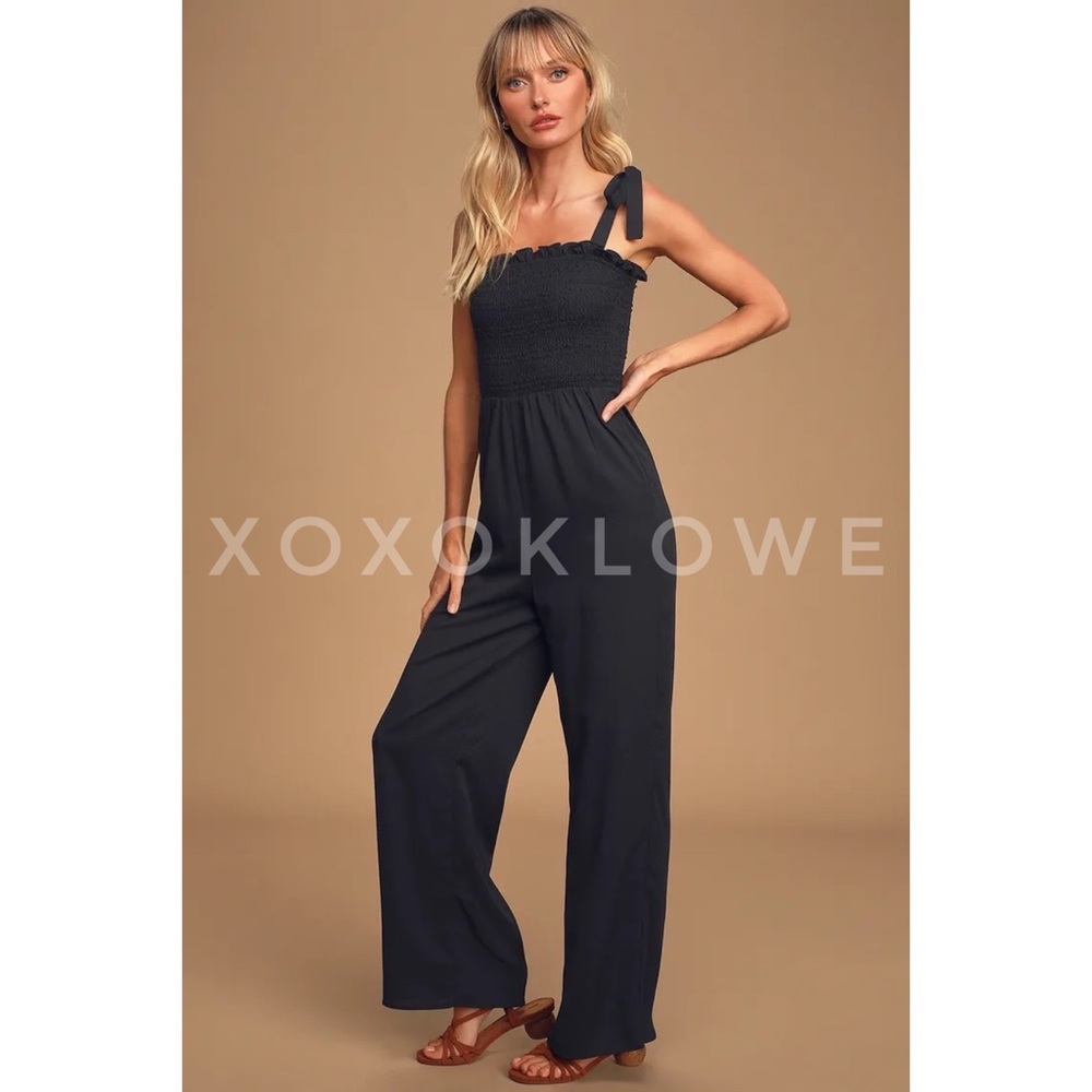 POL Black Relaxed Fit Smocked Jumpsuit Self Tie Shoulder Ribbons - Picture 6 of 16